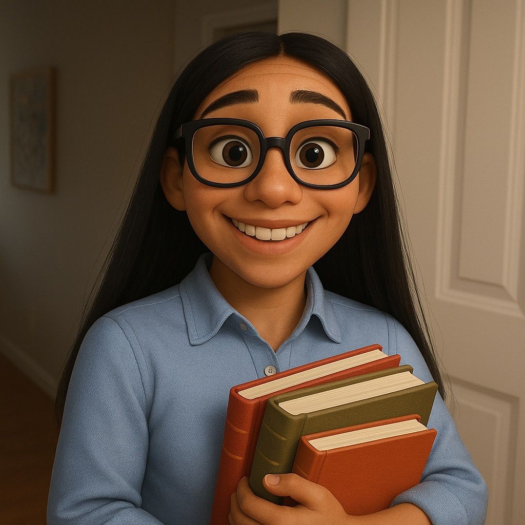 Animated character with long black hair and glasses smiling, holding three books in their arms.