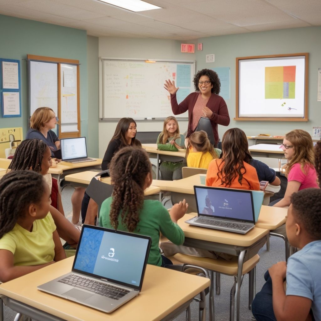Teacher engaging with diverse group of students in a classroom with laptops and a whiteboard.