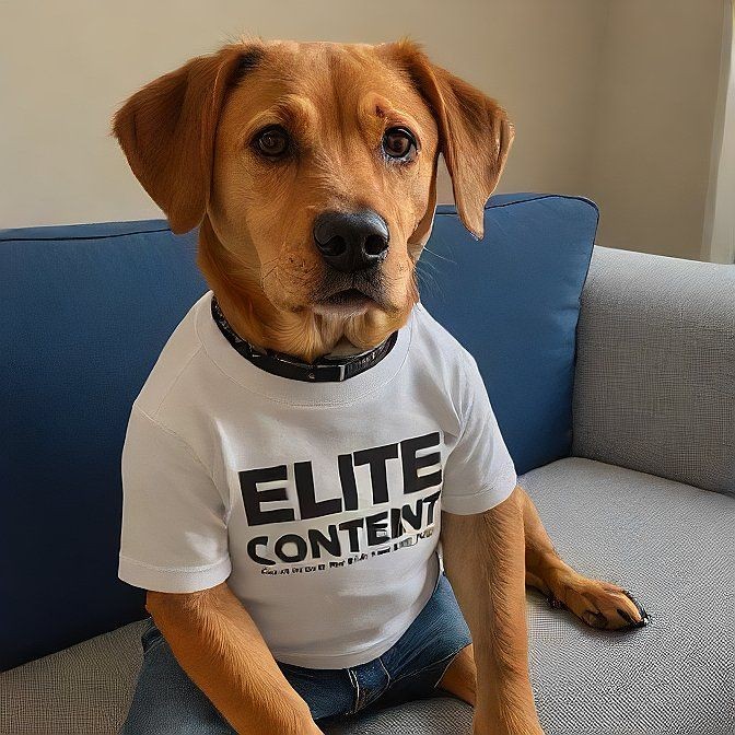 Dog sitting on couch wearing a white shirt that reads 'Elite Content' in black letters.